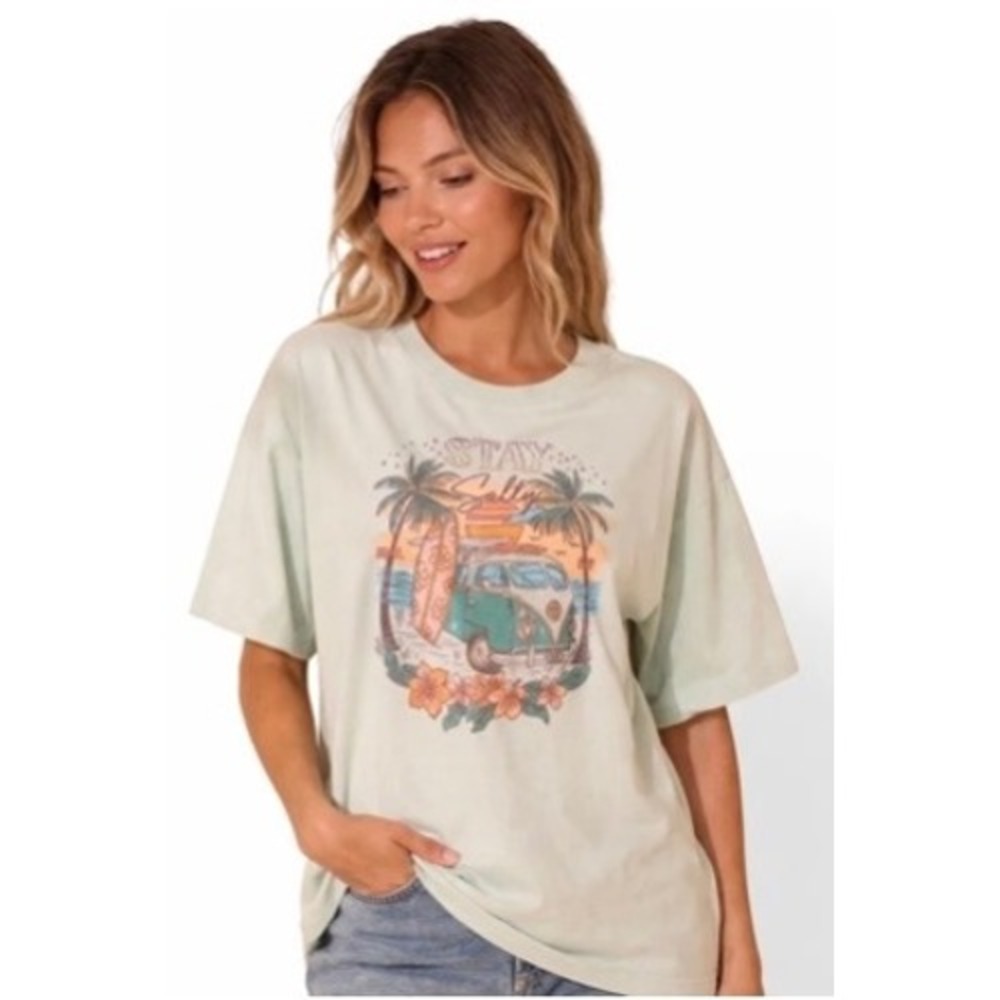 Stay Salty Retro Beach Van Graphic Tee Light Green Short Sleeve T-Shirt